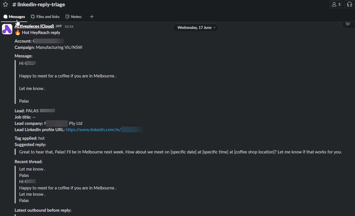 Edited internal triage screenshot showing an AI-assisted HeyReach reply review before human approval.