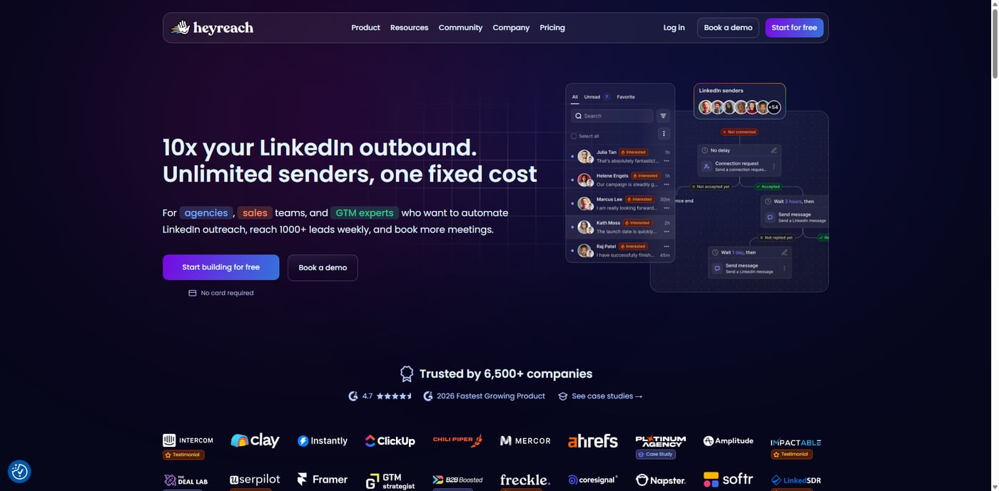 HeyReach public homepage screenshot showing its LinkedIn outreach positioning for agencies, sales teams and growth teams.