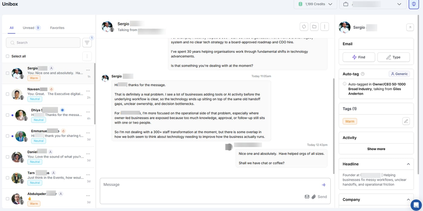 Edited HeyReach Unibox screenshot showing centralised LinkedIn reply handling across sender accounts.