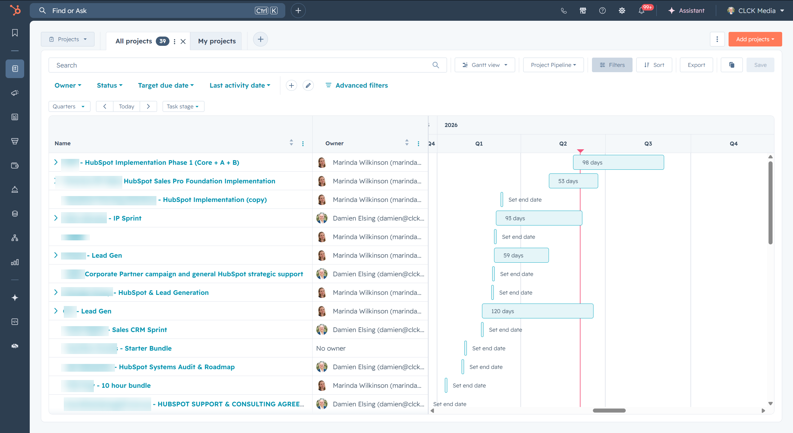 HubSpot Projects Gantt-style view showing project timing