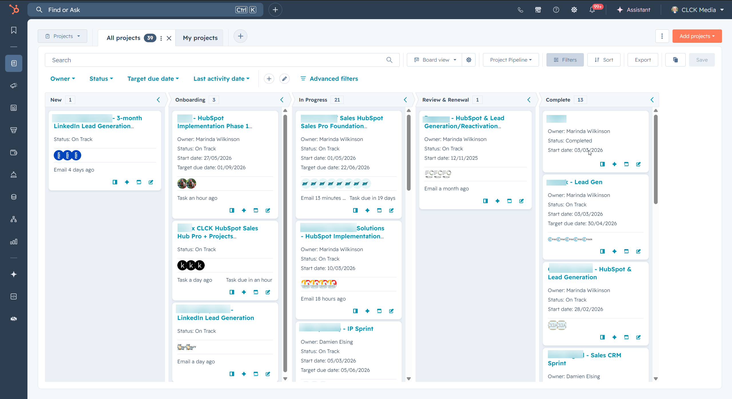 HubSpot Projects board view grouped by pipeline stage
